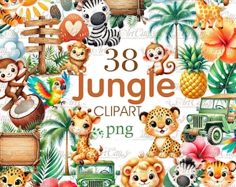 Jungle Animals Clipart PNG, Cute Safari Animals, Watercolor Wildlife, Baby Lion, Monkey, Giraffe, Zebra, Digital Download
