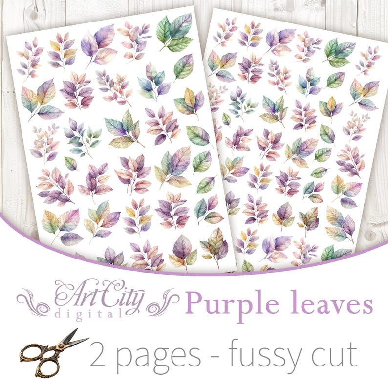 Puede incluir: Dos hojas de papel con ilustraciones de acuarela de hojas moradas, verdes y amarillas. El texto "Purple leaves" y "2 pages - fussy cut" es visible. Un par de tijeras doradas est&aacute; en la esquina inferior izquierda.