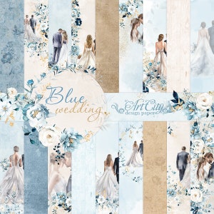 Pacchetto di carta digitale per matrimonio blu, elegante clipart di sposi e spose, sfondi floreali bianchi e blu navy, design per scrapbooking di matrimonio