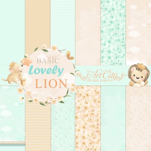 Lovely Lion Basic Digital Paper, Baby Safari Scrapbook, Mint Beige Printable Backgrounds