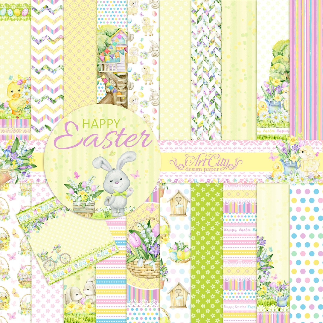 Happy Easter Digital Paper - Spring Bunny, Easter Eggs, Chick, Floral ...