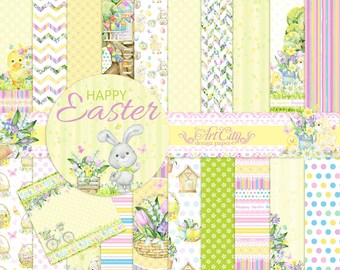 Happy Easter Digital Paper - Spring Bunny, Easter Eggs, Chick, Floral Pastel Backgrounds
