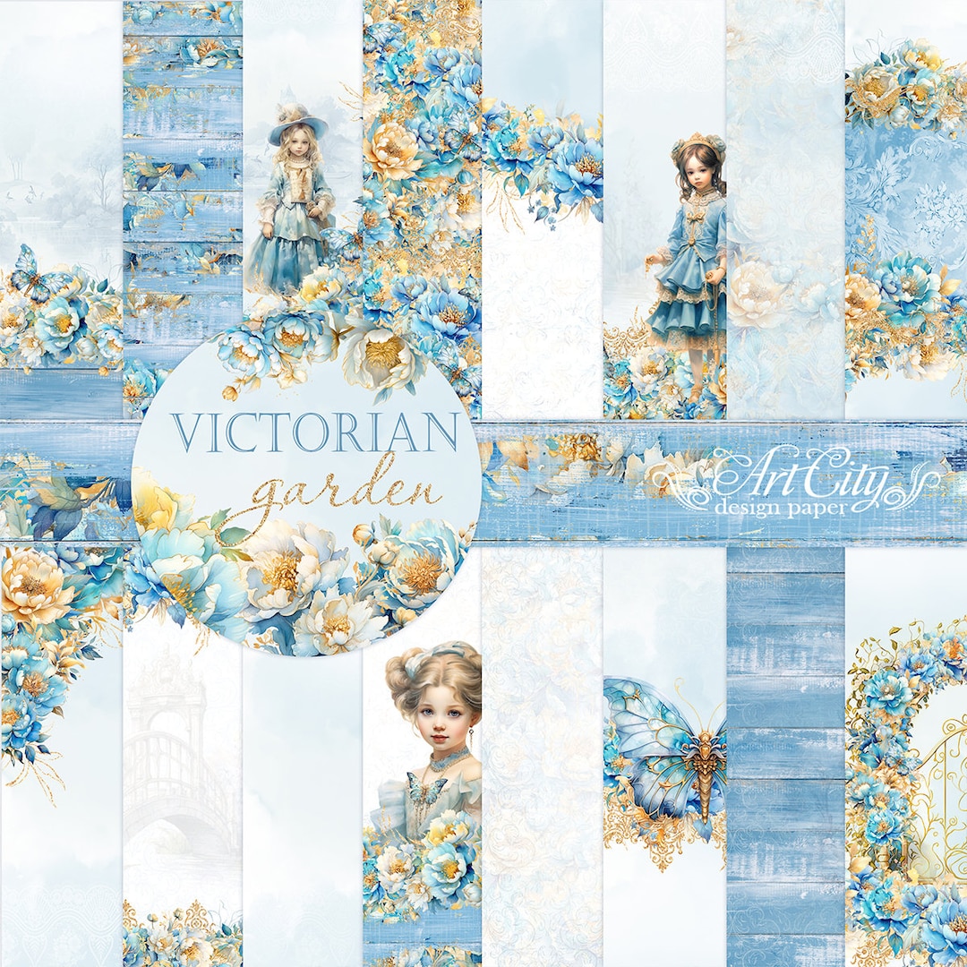 Victorian Garden Digital Paper Pack - Blue & Gold Floral Patterns ...