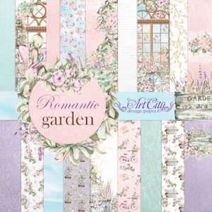 May include: A set of 12 digital papers featuring a romantic garden theme. The papers include floral patterns, a window with a view of a garden, a bicycle, and a birdcage. The papers are in shades of pink, blue, green, and white.