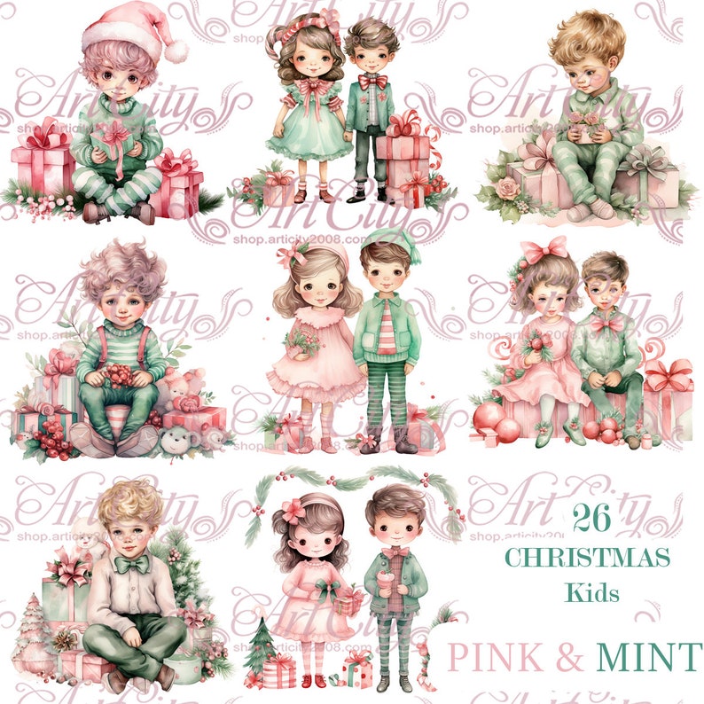 Pink and Mint Christmas Kids Digital Clipart Watercolor Children ...