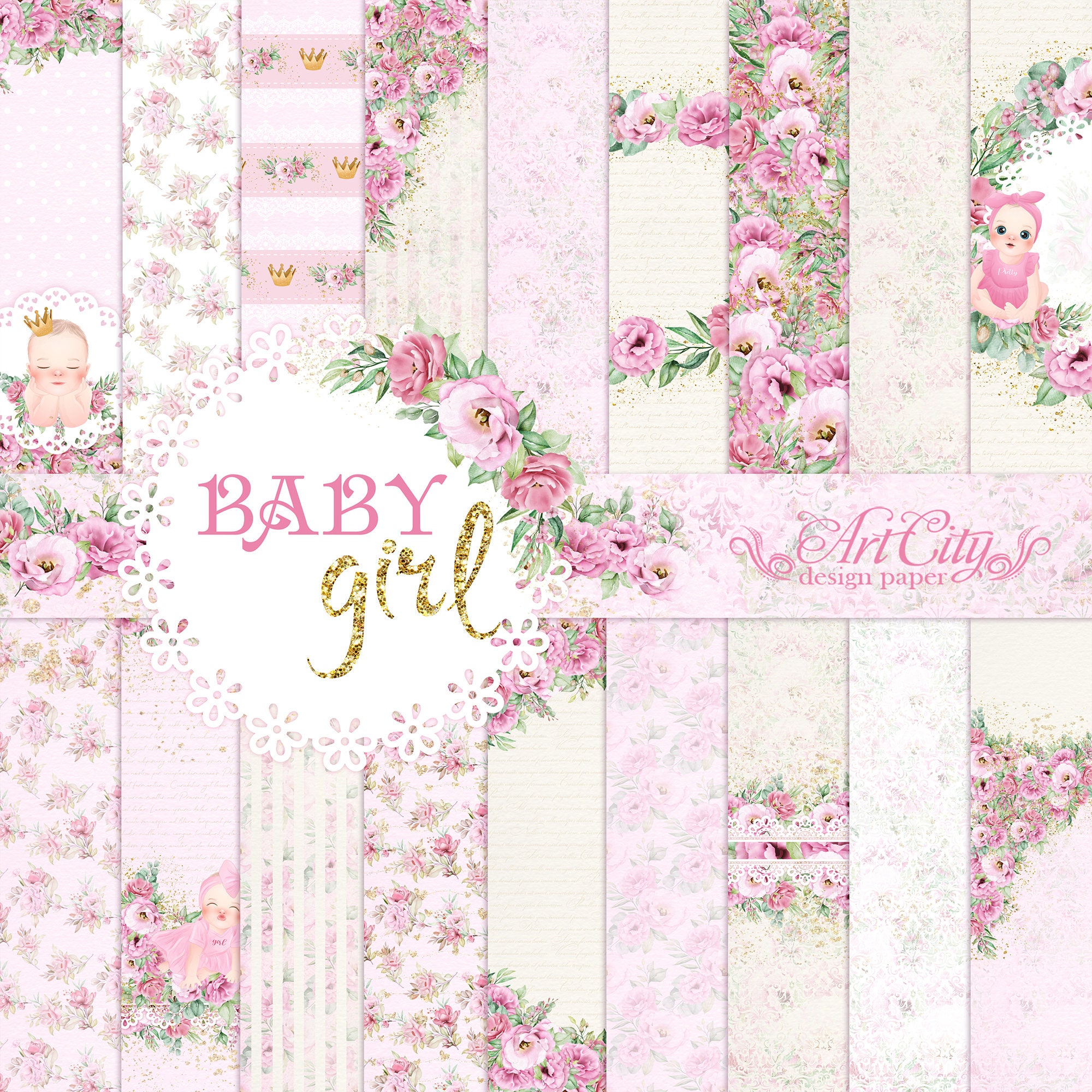 Baby Girl Digital Paper - Pink Floral and Gold Princess Scrapbook ...