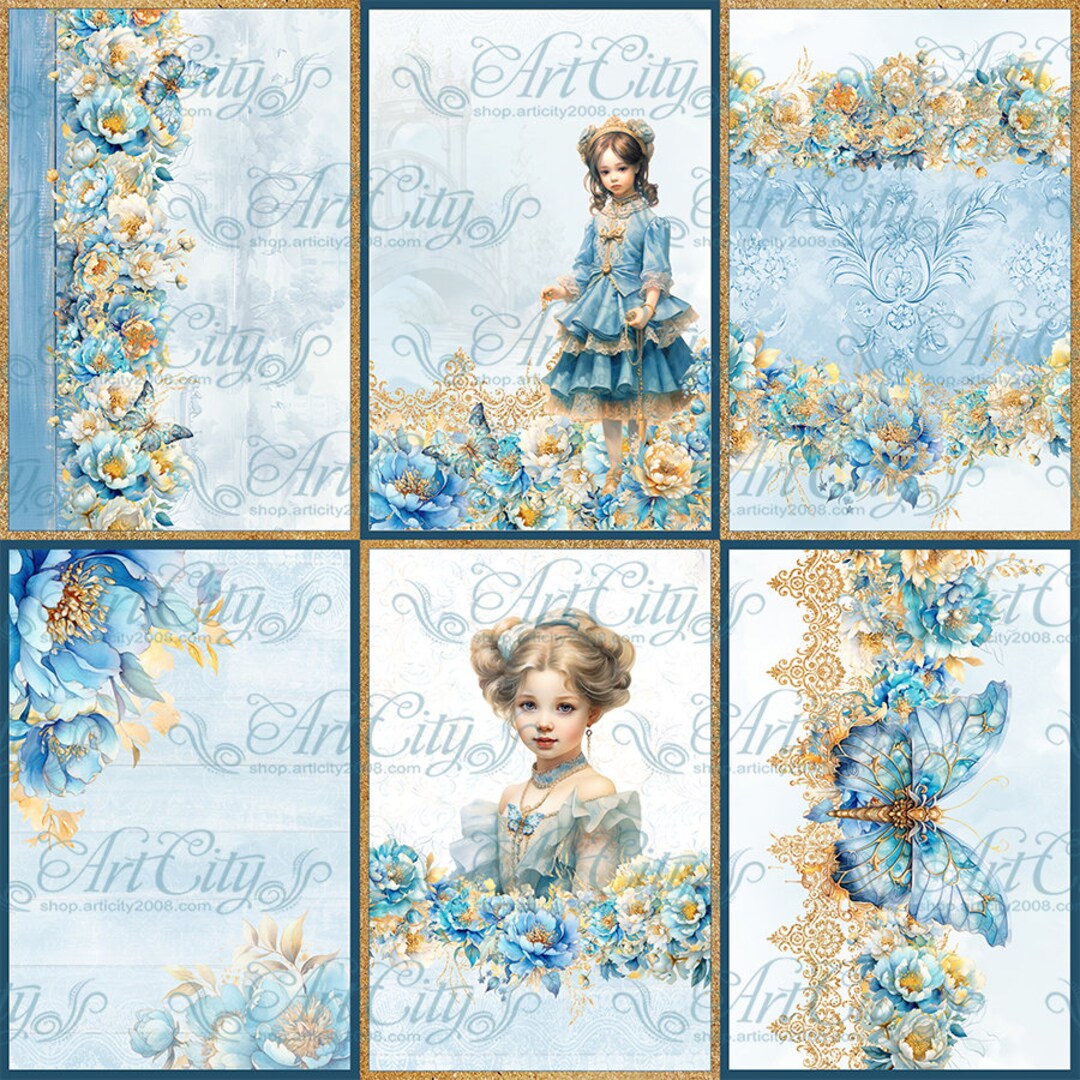 Victorian Blue Cards Golden Digital Paper Flower Scrapbook Garden ...