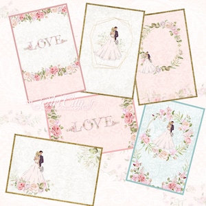 Carte de mariage, carte de journal imprimable, étiquettes de journal, cartes de fleurs, enveloppes, shabby chic, Scrapbook, papier numérique, papier Love Digital