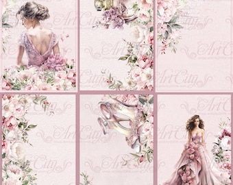 May include: A collage of six images featuring a pink and white floral theme. The images include a woman in a pink dress, a bottle of perfume, a pair of high heels, and a floral design.