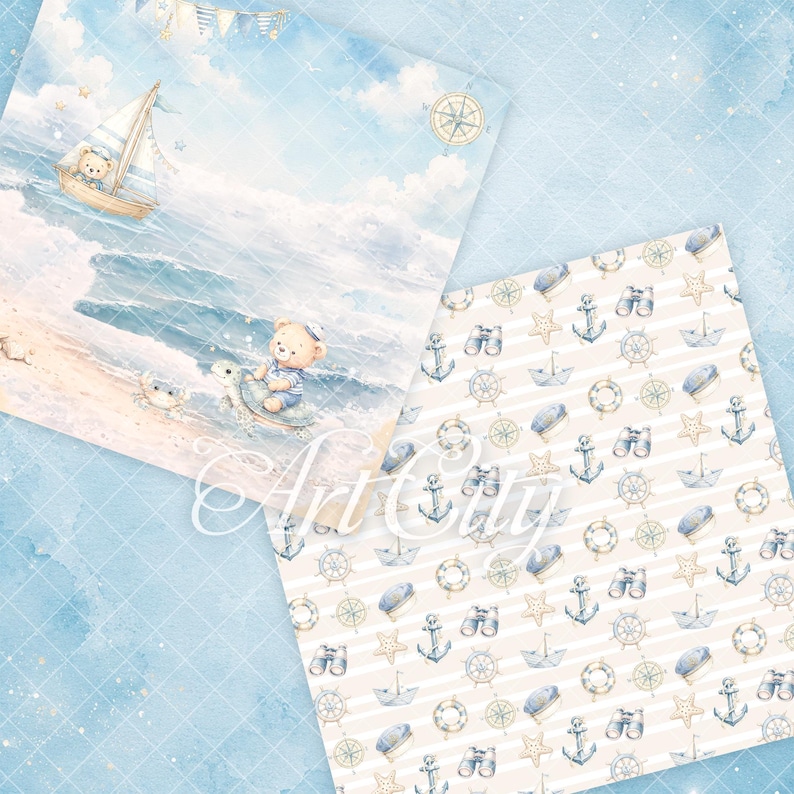 Sommer Bär Digitales Papier, Nautisches Baby Junge Sammelalbum, Teddy Bär Sailor, Strand Thema, 12x12 JPG Papiere Bild 4
