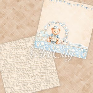 K&ouml;nnte beinhalten: Ein digitales Papierset mit einem beigen Hintergrund mit dezentem Rautenmuster und Ankersymbolen, einem cremefarbenen Blatt mit strukturiertem Seilmuster und einem Blatt mit einem maritimen Teddyb&auml;ren, der einen Kuchen h&auml;lt.