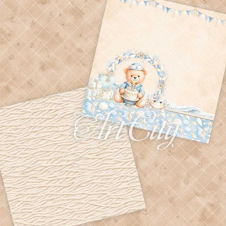 K&ouml;nnte beinhalten: Ein digitales Papierset mit einem beigen Hintergrund mit dezentem Rautenmuster und Ankersymbolen, einem cremefarbenen Blatt mit strukturiertem Seilmuster und einem Blatt mit einem maritimen Teddyb&auml;ren, der einen Kuchen h&auml;lt.