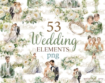 Green Wedding Digital Clipart White Flower Bride Groom Church Background rings, gifts,  Supplies printable Craft PNG, Commercial use