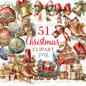 Weihnachten digitale Clipart klassische Scrapbook Elemente Spielzeug, Geschenke, Band, Kerzen, Glocke, Weihnachten Lieferungen Printable Handwerk PNG, kommerzielle Nutzung