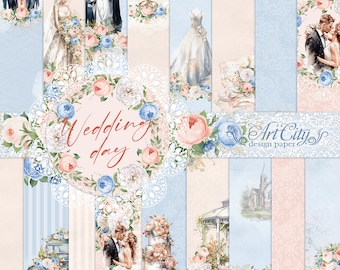 May include: A digital paper pack with a wedding theme. The papers feature a variety of designs, including floral patterns, stripes, and a couple getting married. The text "Wedding day" and "Art City design paper" is included in the design.