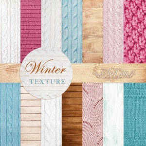 Christmas Digital Paper Winter Texture Wooden Scrapbook Knitted Fabric Pink and Blue Background DIY Printable Craft