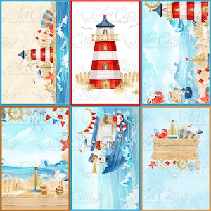 Carta digitale estiva collezione mare blu, confezione di carta oceano ragazzo, adesivi per compleanno a barca stampabili con faro fai-da-te