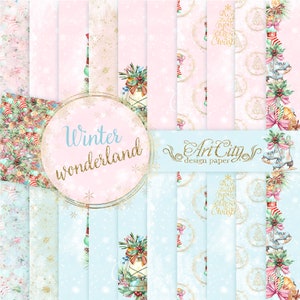 Winter Wonderland Digital Paper, Christmas Backgrounds, Pastel Winter Scrapbook, Holiday Snowflakes, Ice Skates, Pink Blue Gold