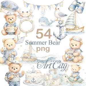 Könnte beinhalten: Aquarellillustrationen mit maritimen Themen, darunter Teddybären in Matrosenoutfits, Segelboote, ein Wal und ein Anker. Der Text "54 Summer Bear png" und "Art City digital" ist enthalten. Die Farbpalette ist hauptsächlich blau, beige und weiß.