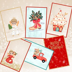 Puede incluir: Conjunto de seis tarjetas de Navidad con varios temas navideños de invierno. Las tarjetas están decoradas con purpurina dorada y presentan ilustraciones de ángeles, una casa de jengibre, un árbol de Navidad, un camión rojo y una bota de invierno. Una tarjeta tiene el texto "Feliz Navidad" en purpurina dorada.