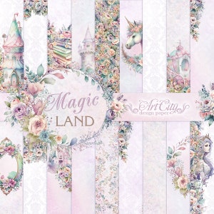 Carta per album Magic Land, disegni pastello di unicorni e castelli, carte digitali fantasy, sfondi floreali stravaganti