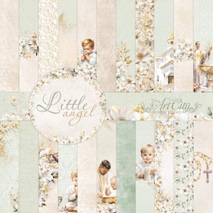 Little Angel Baptism Digital Paper Pack – Eleganti sfondi religiosi per album di ritagli per progetti di battesimo, inviti e artigianato fai da te