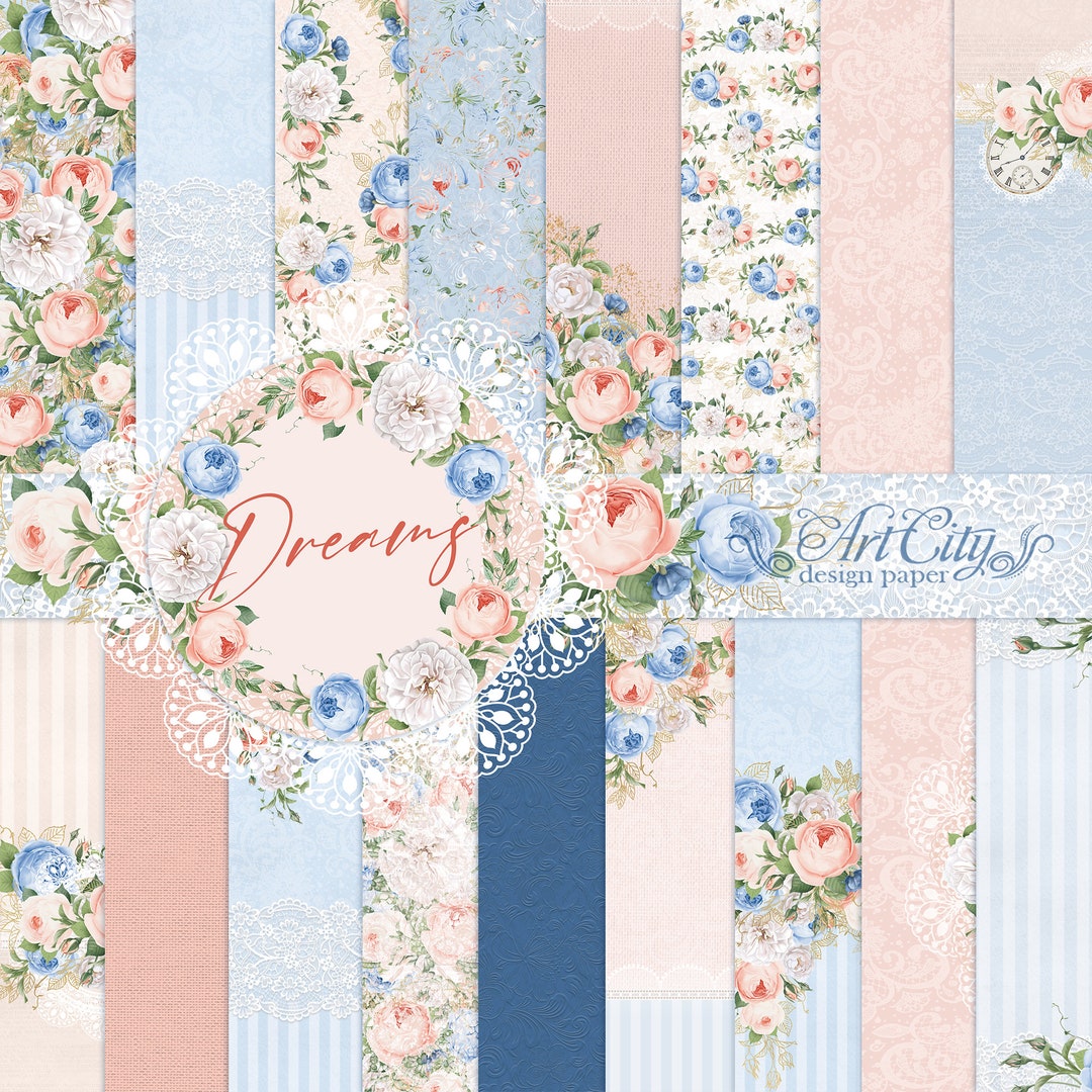 Floral Dreams Digital Paper Pack - Soft Peach and Blue Roses, Vintage ...
