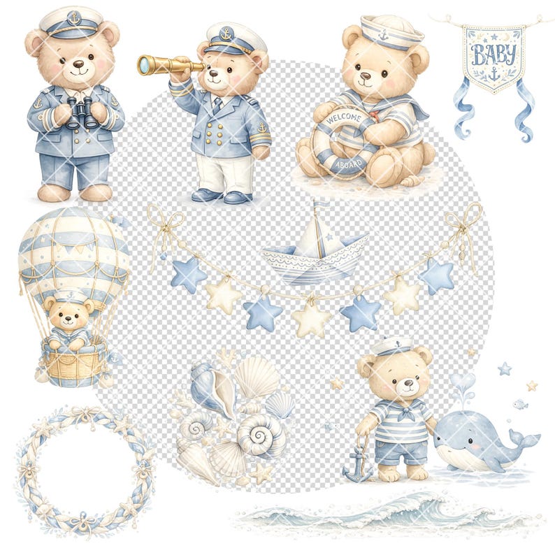 May include: Watercolor illustrations of nautical-themed teddy bears in sailor outfits, with a hot air balloon, a sailboat, and a banner that says "BABY". The color palette includes light blue, beige, and white.
