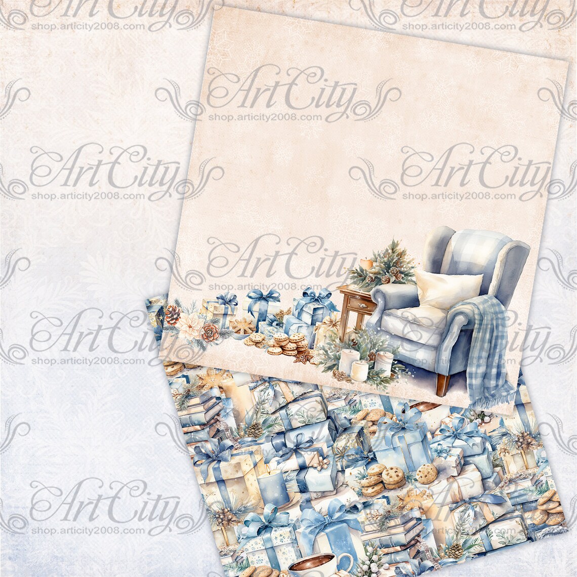 Cozy Winter Digital Paper Pack – Warm Blue and Beige Christmas ...