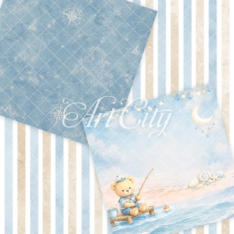 K&ouml;nnte beinhalten: Ein digitales Papierset mit einem blauen Seekartenmuster mit Kompassen und Ankern sowie einer Szene eines Teddyb&auml;ren in Matrosenm&uuml;tze, der auf einem Steg angelt, mit einer Mondsichel, Muscheln und Wolken, &uuml;berlagert mit dem Text Art City.