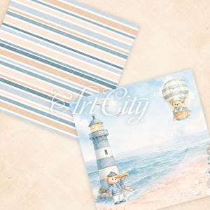 K&ouml;nnte beinhalten: Zwei quadratische digitale Papiermotive. Eines zeigt horizontale Streifen in Hellblau, Beige und Wei&szlig;. Das andere zeigt eine Aquarellszene mit einem Leuchtturm, einem B&auml;ren im Matrosenanzug mit Fernrohr und einem B&auml;ren im Hei&szlig;luftballon.
