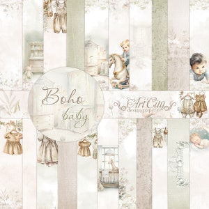 Boho Baby Nursery Scrapbook Papers - Beige, Green, Neutral Floral Baby Shower Digital Kit