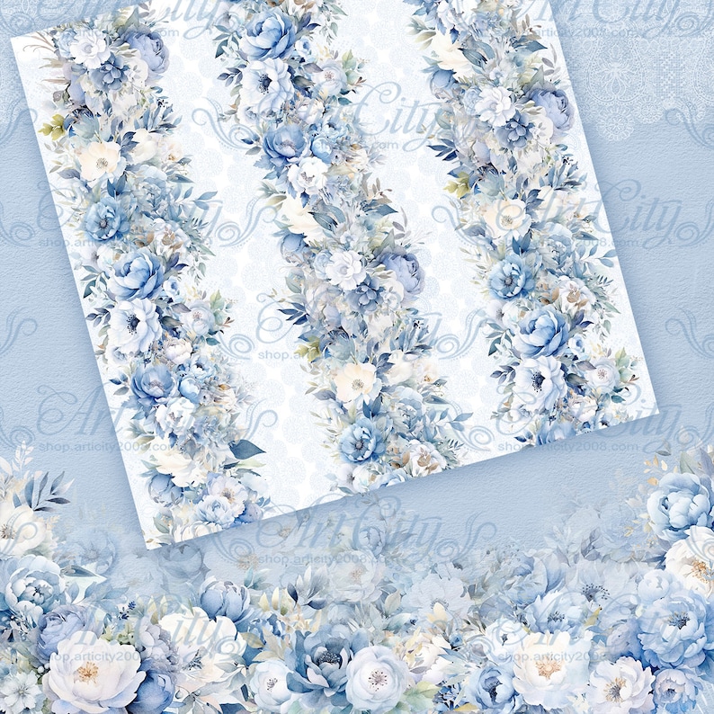 Dusty Blue Digital Floral Scrapbook Paper Pack – Elegant Vintage ...