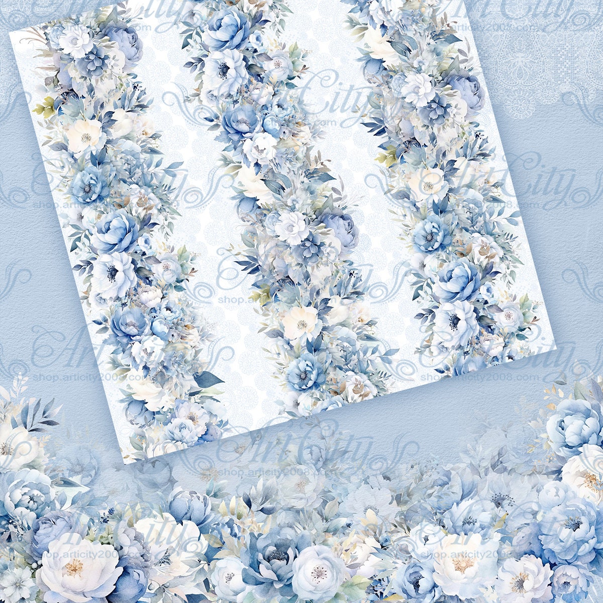 Dusty Blue Digital Floral Scrapbook Paper Pack – Elegant Vintage ...