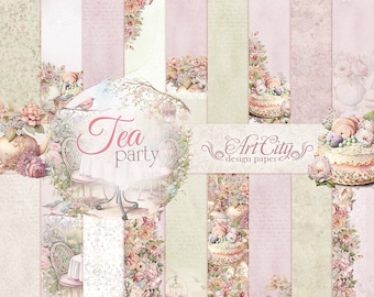 Tea Party Scrapbook Paper, Vintage Pastel Florals & Desserts, Shabby Chic Digital Papers, Romantic Backgrounds