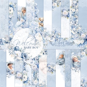 Confezione di carta per scrapbooking per neonati - Kit digitale floreale azzurro per progetti artigianali per neonati