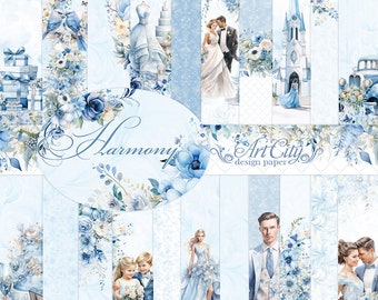 May include: A set of 12 digital papers featuring a blue and white watercolor design with floral elements, wedding rings, a church, a couple, and a vintage car. The papers are titled "Harmony" and "Art City Design Paper".