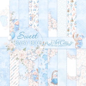 Carta digitale per neonato dolce, album per baby shower floreale blu, sfondi per bambini in acquerello per biglietti e lavoretti