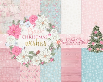Sweet Christmas Digital Paper Pink Pattern Scrapbook Wood Blue Background star Gifts Supplies  Planner Stickers DIY Printable Craft