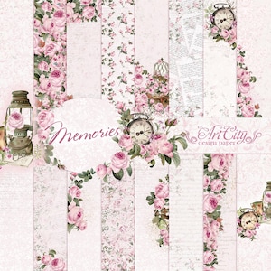 Vintage Pink Memories Digital Paper Pack - Floral Scrapbooking Kit, Roses, Lanterns, Clocks, Lace Patterns