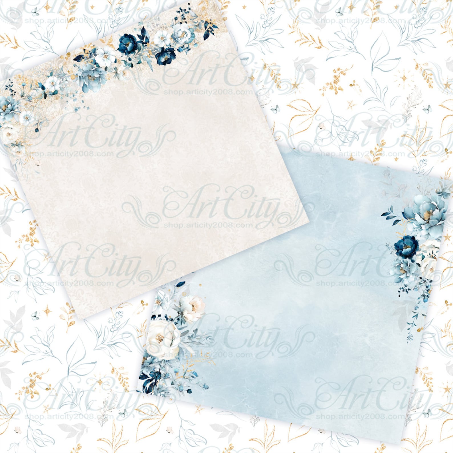 Blue Garden Digital Paper Pack, Elegant Light Blue and Gold Floral ...