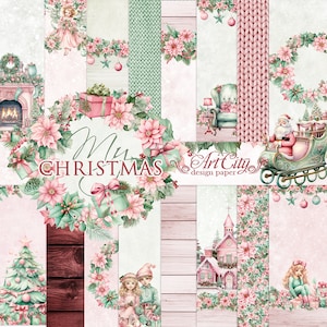 May include: A digital paper pack with a pink and green colour scheme featuring a Christmas wreath with poinsettias, presents, and holly. The text "My Christmas Art City design paper" is included in the image.