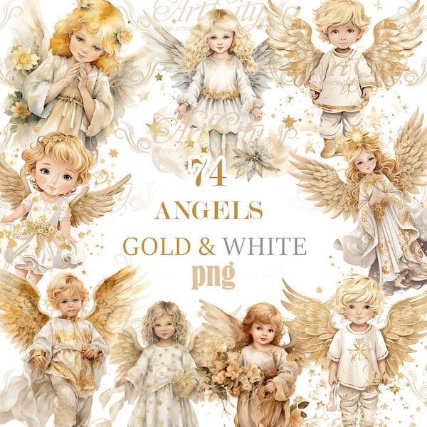 Or et blanc Angel Kids Digital Clipart Aquarelle Enfants Vacances PNG Angel collection, Utilisation commerciale