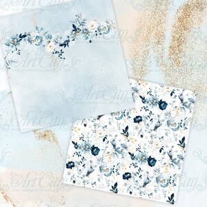 Blue Garden Digital Paper Pack, Elegant Light Blue and Gold Floral ...