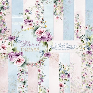 May include: A digital paper pack with 12 floral designs in shades of pink, blue, and green. The designs feature watercolor flowers, leaves, and vines. The text "Floral Dreams Art City design paper" is included in the design.