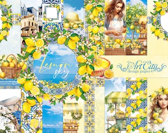 May include: A digital paper pack with a lemon theme. The pack includes images of lemons, lemon trees, and Italian architecture. The text "Lemon Sky" and "Art City design paper" is included in the design.