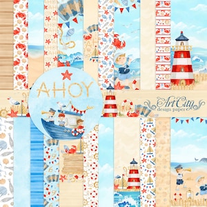Ahoi Nautical Digitales Papier - Strand, Leuchtturm, Rotes und Blaues Meer Abenteuer Kit