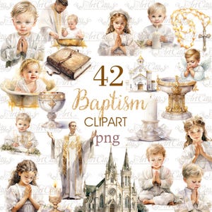 42 imágenes prediseñadas de bautismo PNG: primera comunión, bautizo, niños rezando, iglesia y elementos sagrados, uso comercial