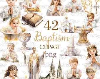 May include: A set of 42 watercolor clipart images for baptism. The images include a church, a priest, a baby, a baptismal font, a candle, a bible, a rosary, and other religious symbols. The images are in a soft, pastel color palette and are perfect for creating invitations, cards, and other crafts.