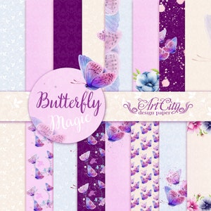 Butterfly Magic Digital Paper, Purple and Pink Butterfly Patterns, Floral Scrapbook Backgrounds